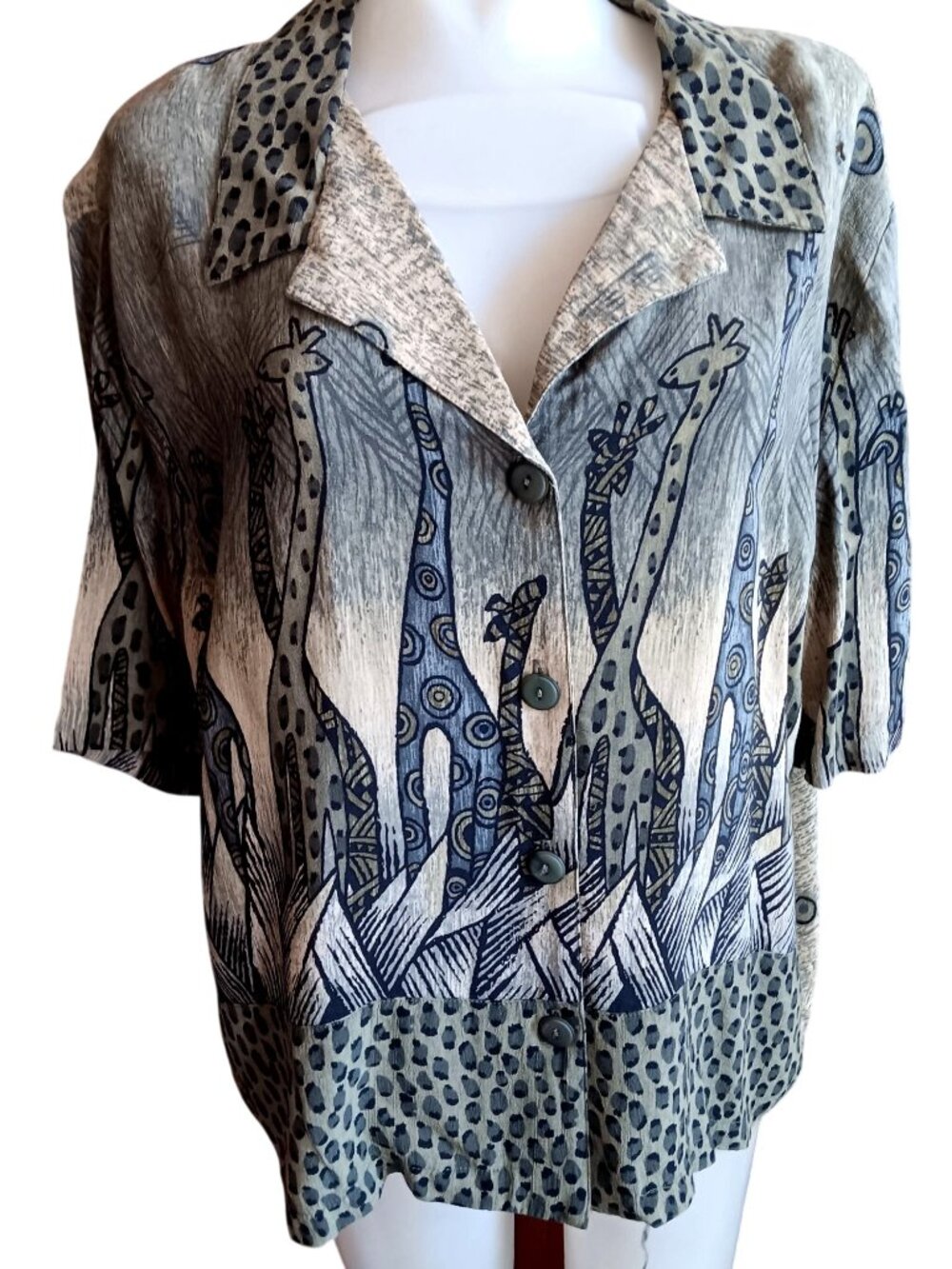 Vintage Elephant Blouse Large 1980s Womens Green Rayon Printed by Sea Suns Top L